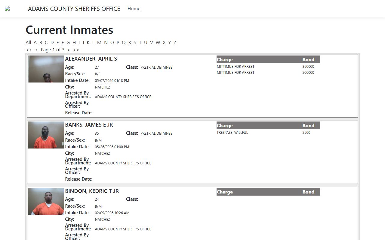 Adams County arrest roster showing charges and bond per booking