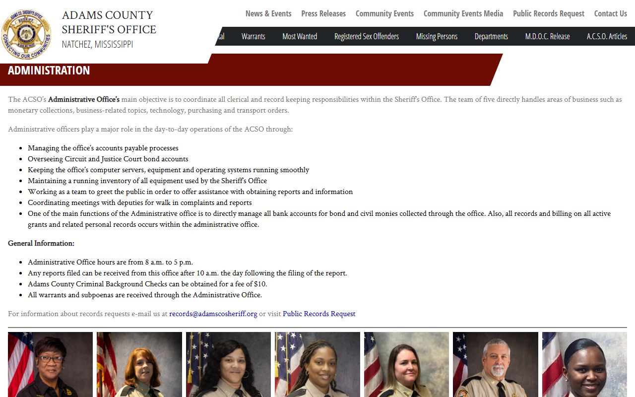 Adams County arrest report and charge request guidance on the Sheriff Administration page
