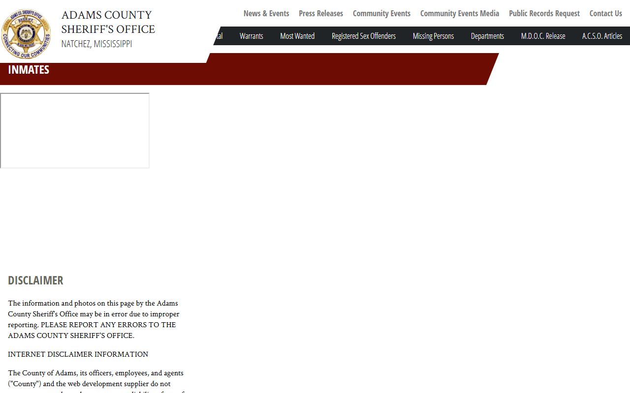 Adams County arrest roster disclaimer and charge lookup link
