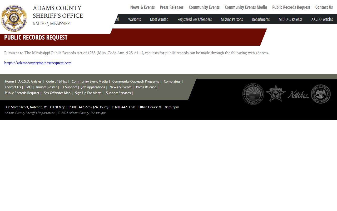 Adams County arrest and charge records request page for the Sheriff's Office