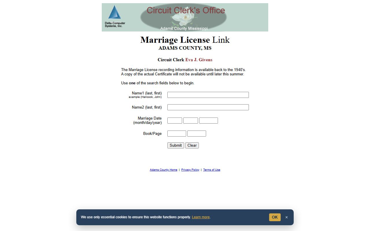 Adams County court records marriage license search