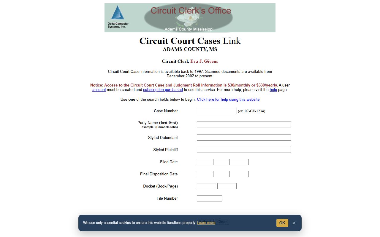 Adams County court records case search fields