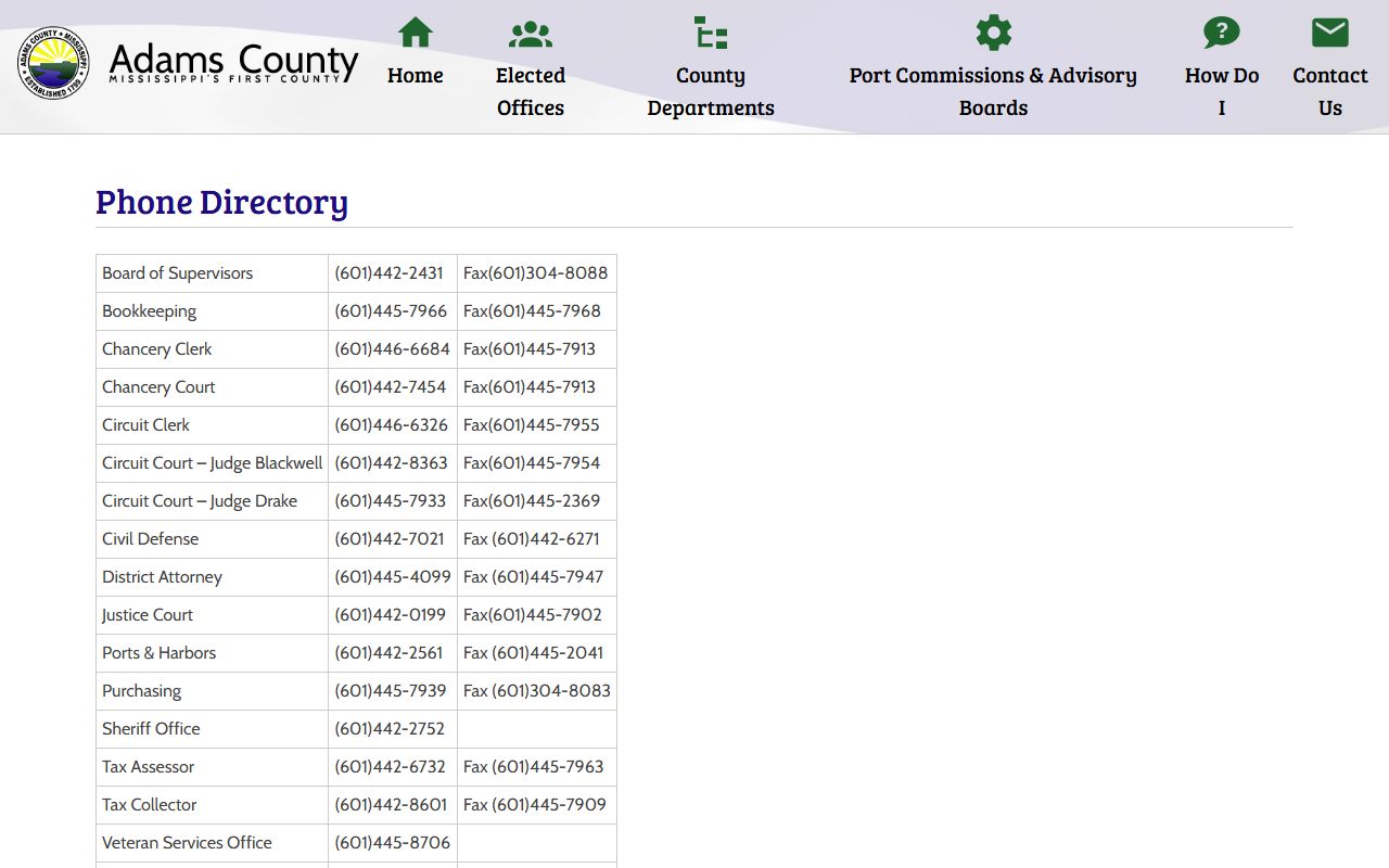 Adams County court office contacts in the county phone directory