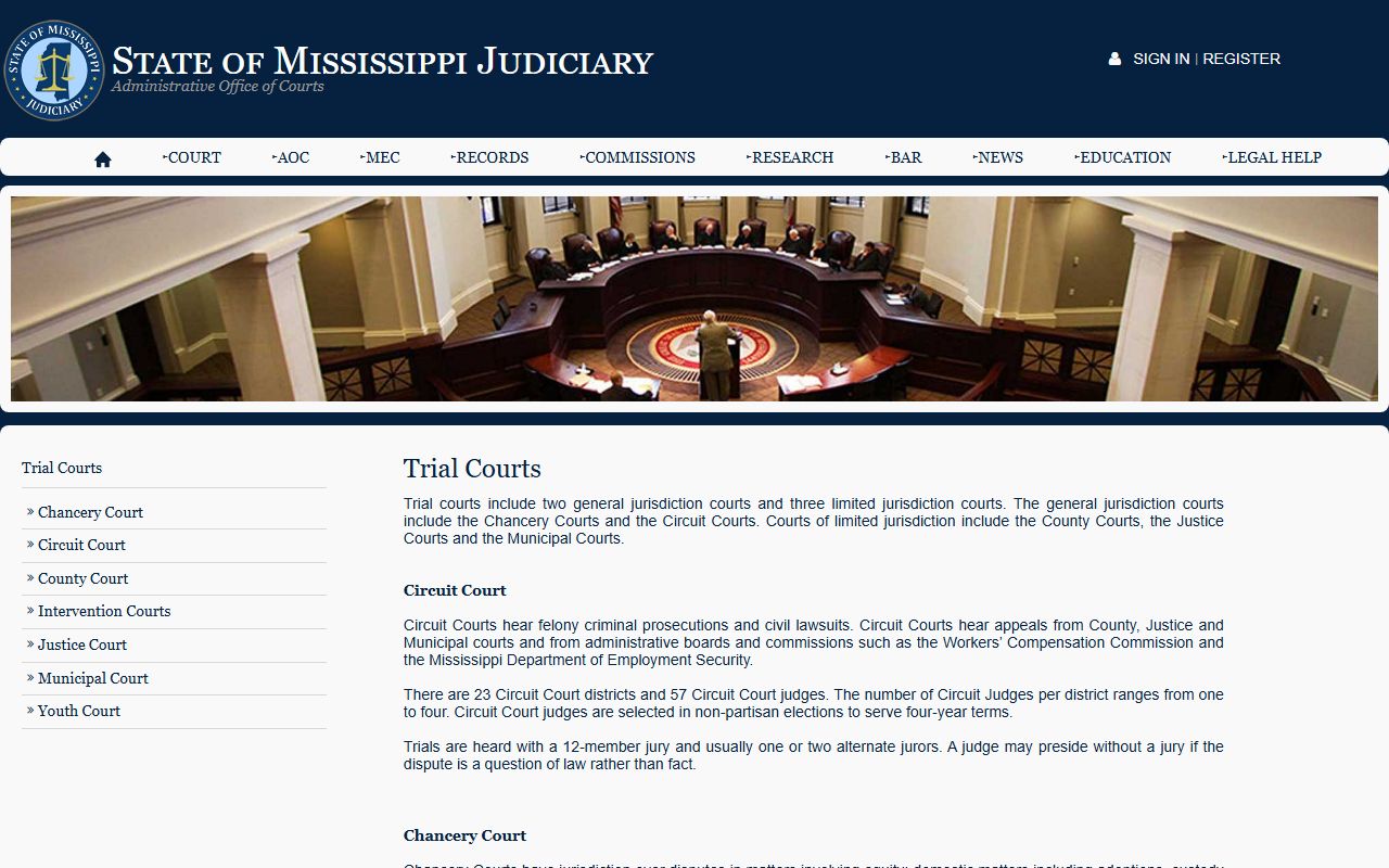 Adams County trial courts described on the Mississippi Judiciary site