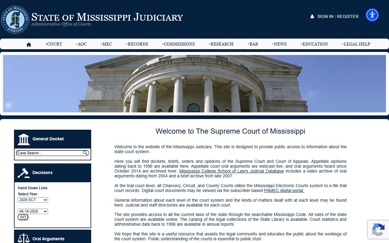 Adams County court records organized by the Mississippi Judiciary
