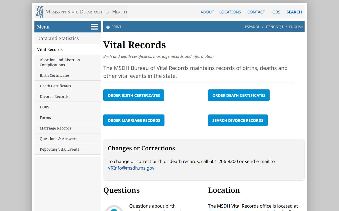 Adams County marriage records page at Mississippi Vital Records