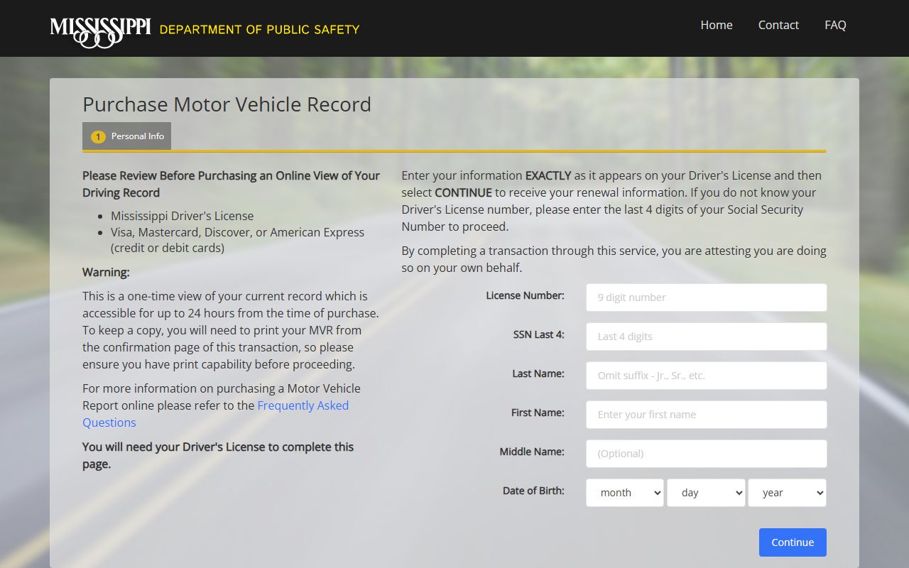 Adams County traffic court records and the Mississippi DPS online MVR purchase portal