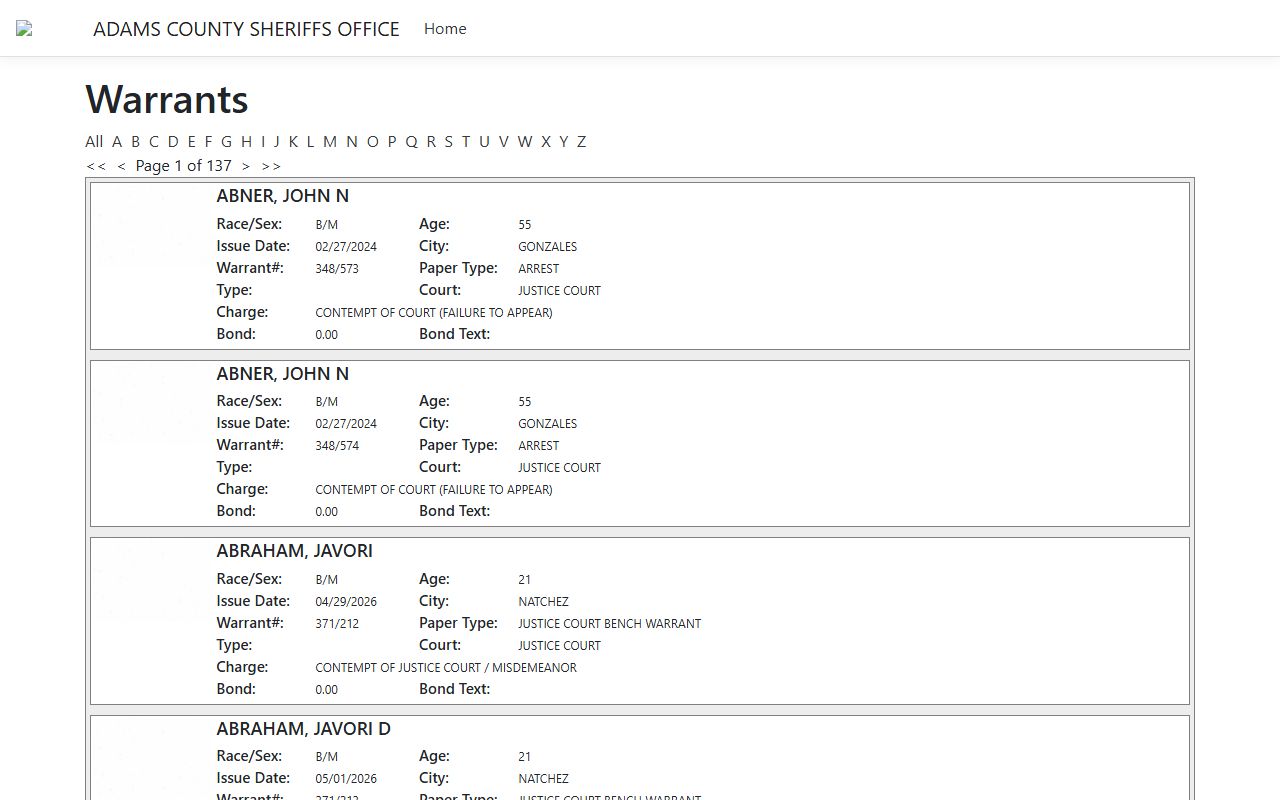 Adams County warrant records on the ISOMS sheriff portal
