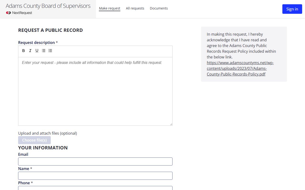 Adams County warrant records new-request form on NextRequest